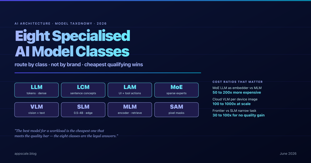 Eight Specialised AI Model Architectures 2026 — LLM, LCM, LAM, MoE, VLM, SLM, MLM, SAM Decision Matrix