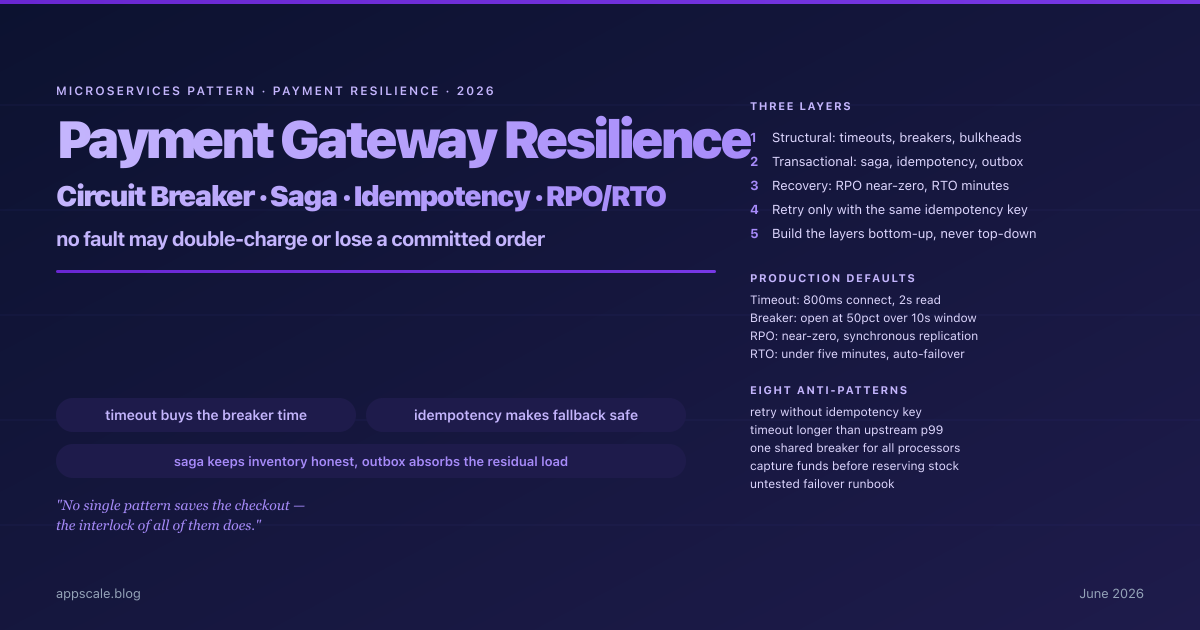 How a High-Throughput Payment Gateway Stays Up — Timeouts, Circuit Breakers, Sagas, Idempotency, and RPO/RTO (2026)
